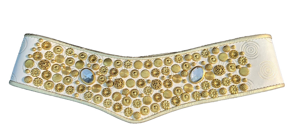 MCM White Leather Wide BELT Gold Tone Studs & Diva Bling Crystal Rhinestones